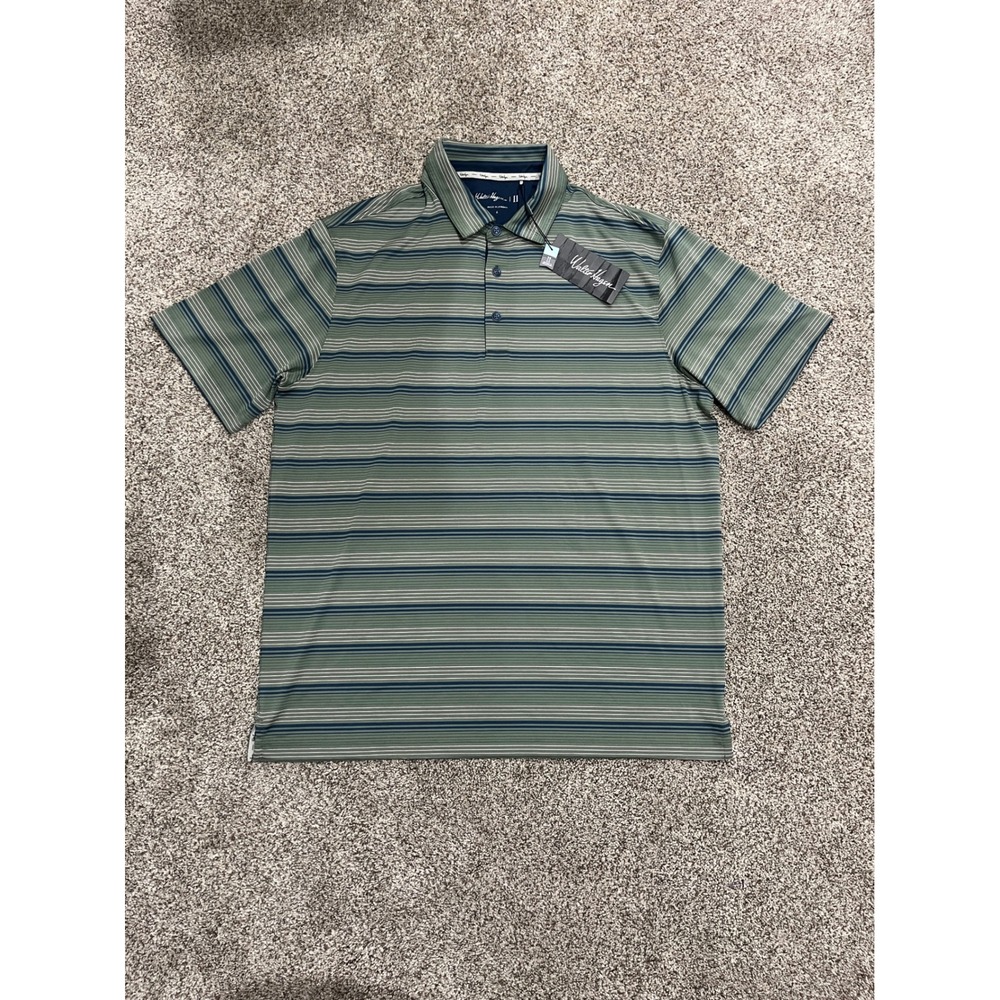 Walter Hagen Mens Perfect 11 Golf Polo Shirt Olive Green Navy Stripe Large NEW